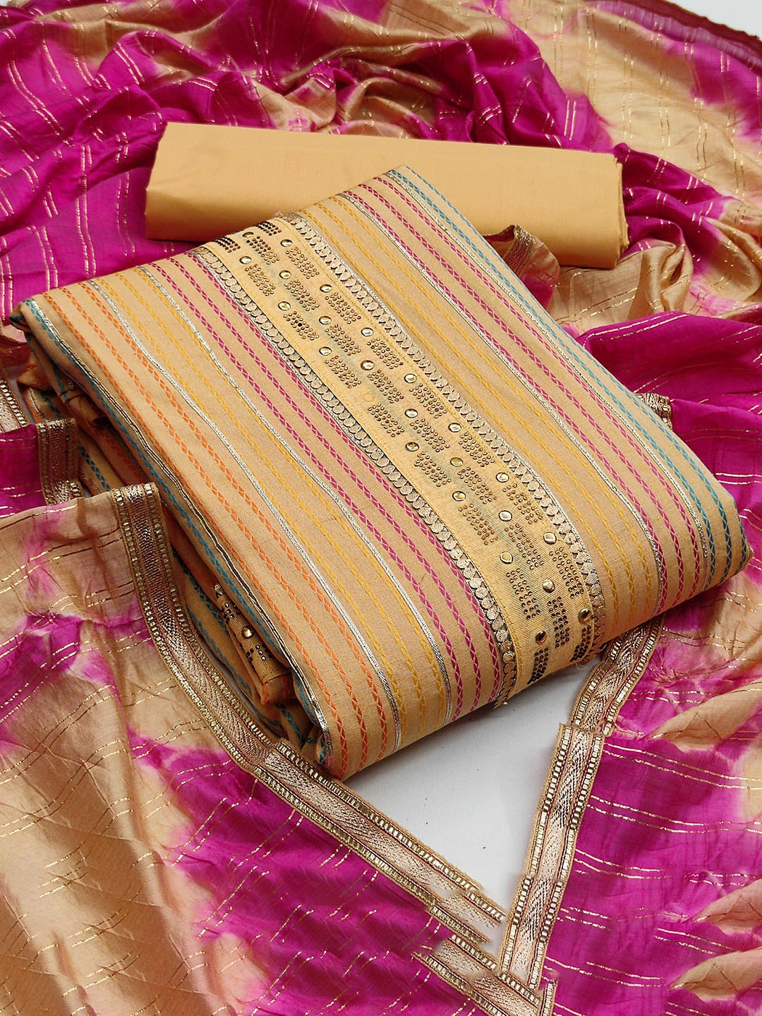 

Maroosh Beads & Stones Striped Unstitched Dress Material, Beige