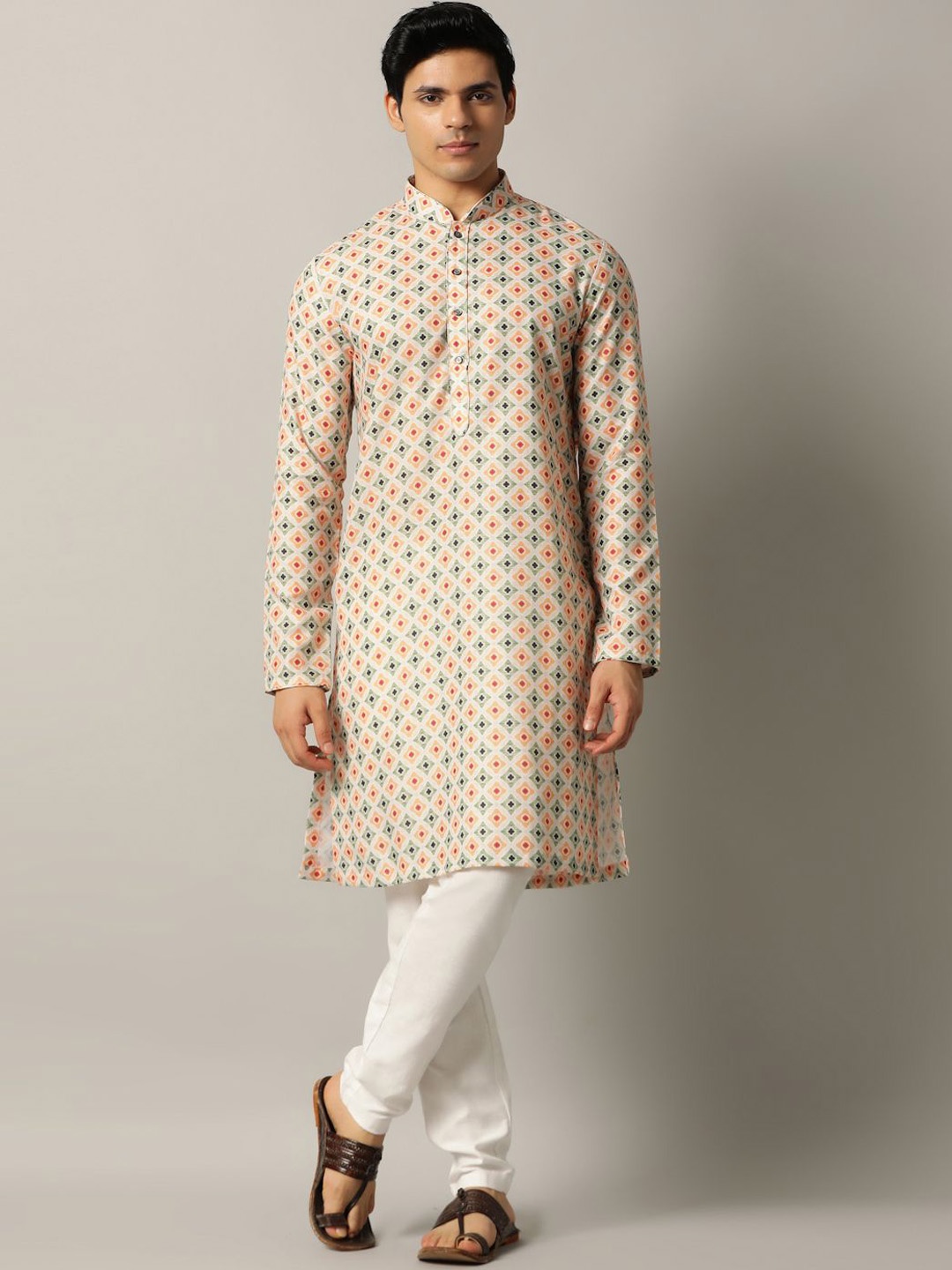

THE KURTA COMPANY Geometric Printed Mandarin Collar Regular Straight Kurta, Maroon