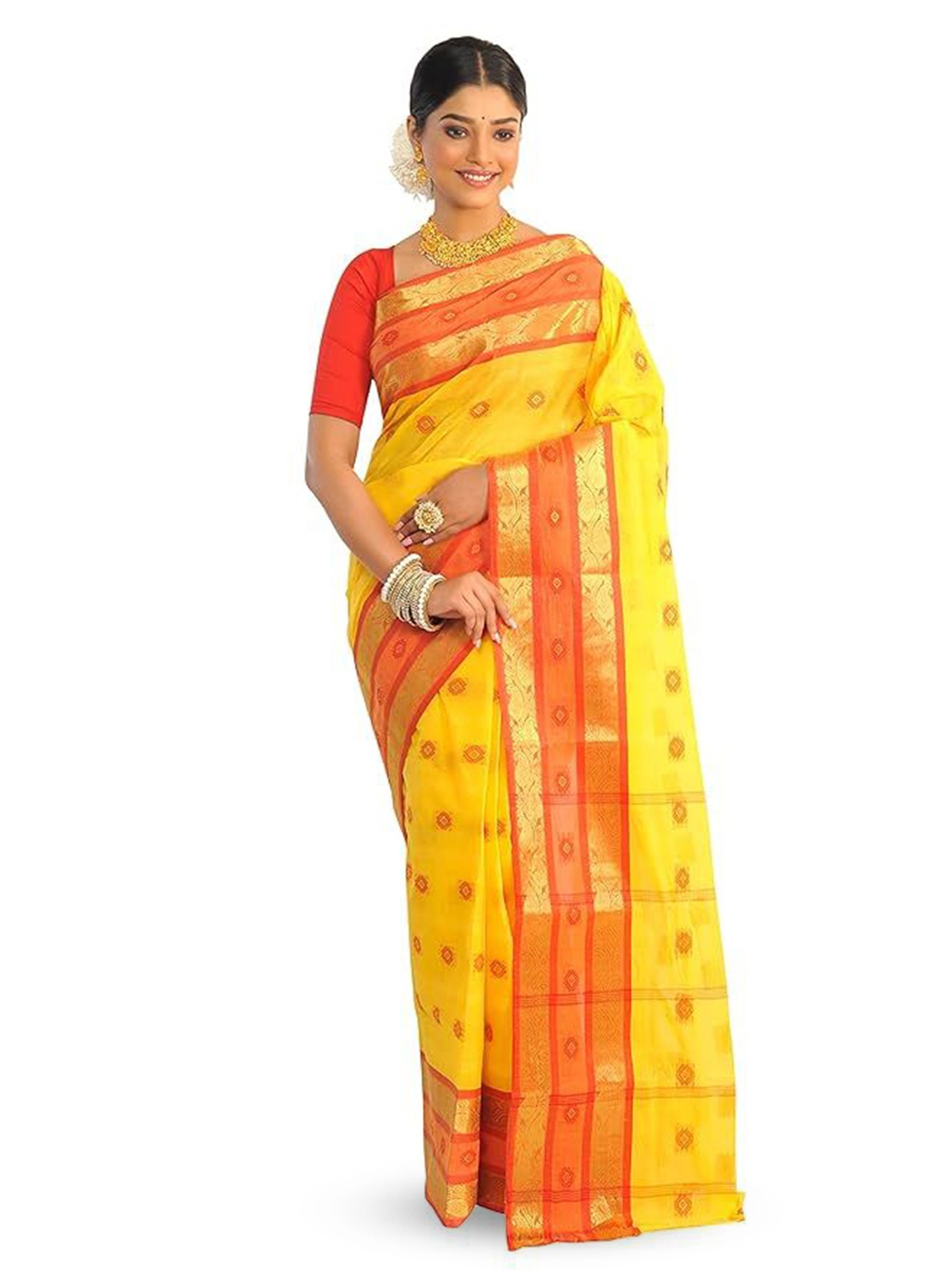 

RAJ SAREE HOUSE Ethnic Motifs Pure Cotton Taant Saree, Yellow