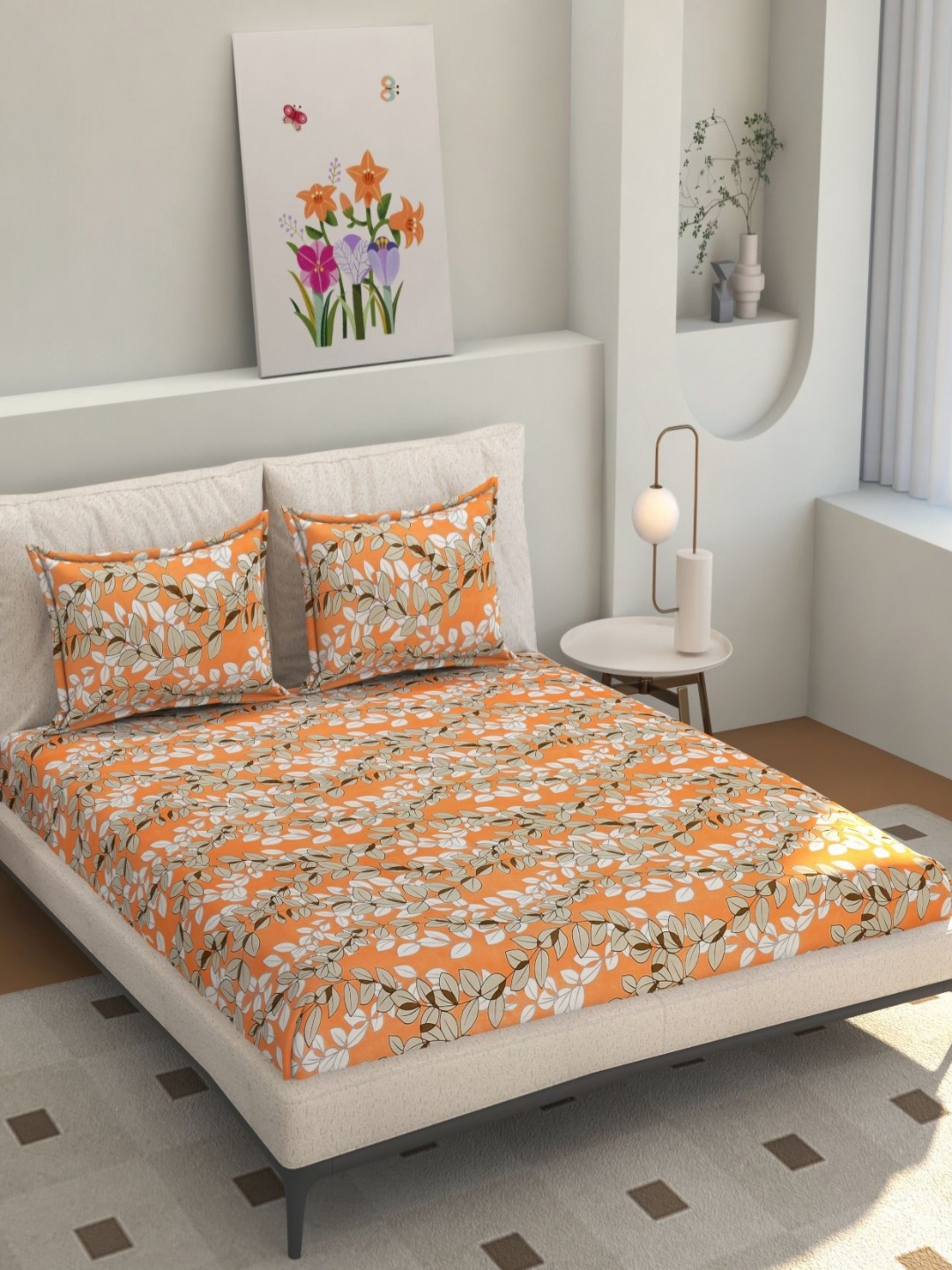 

Florida Orange & Beige Floral 200 TC Queen Bedsheet with 2 Pillow Covers