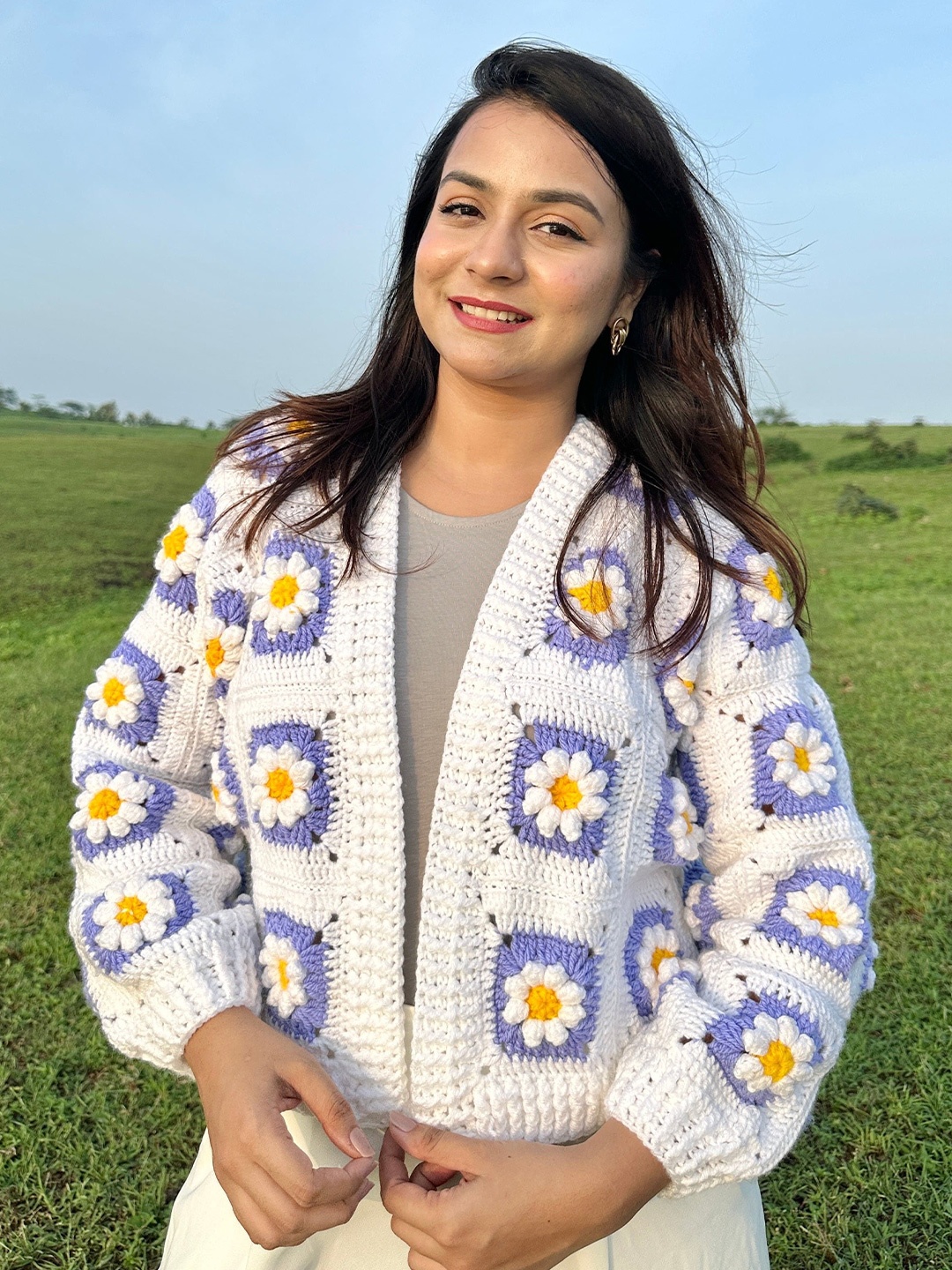 

Sugercandy Women Floral Ribbed Woollen Crop Cardigan Sweater, Purple