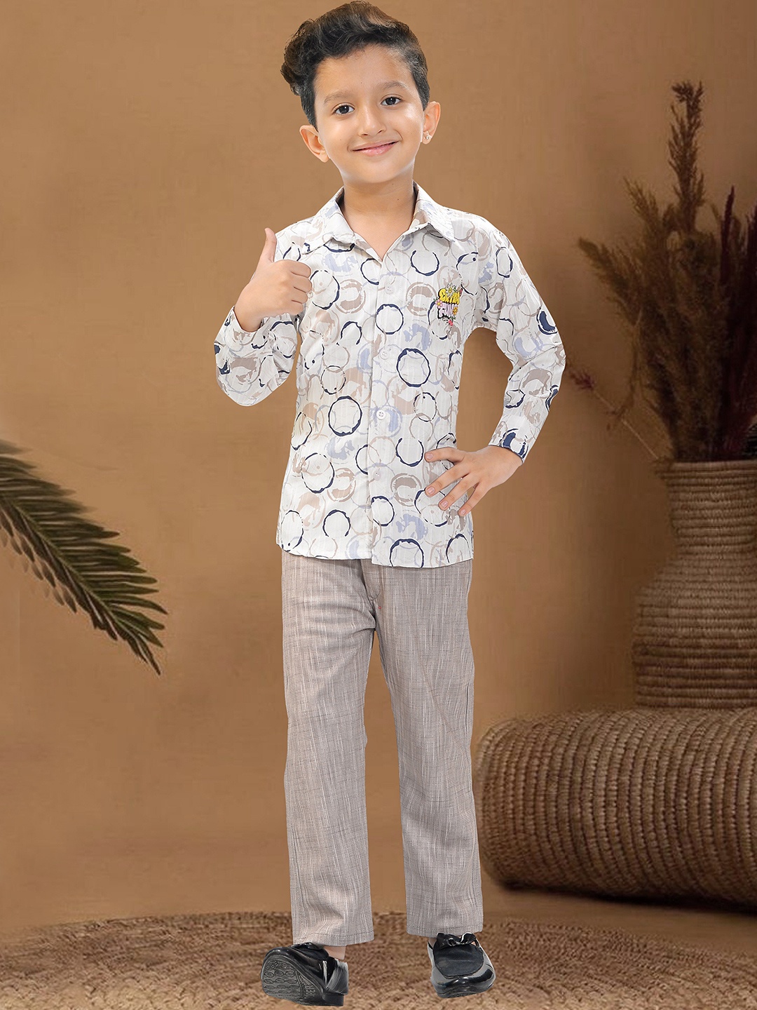 

Little Needle Boys Printed Shirt with Trousers, Brown