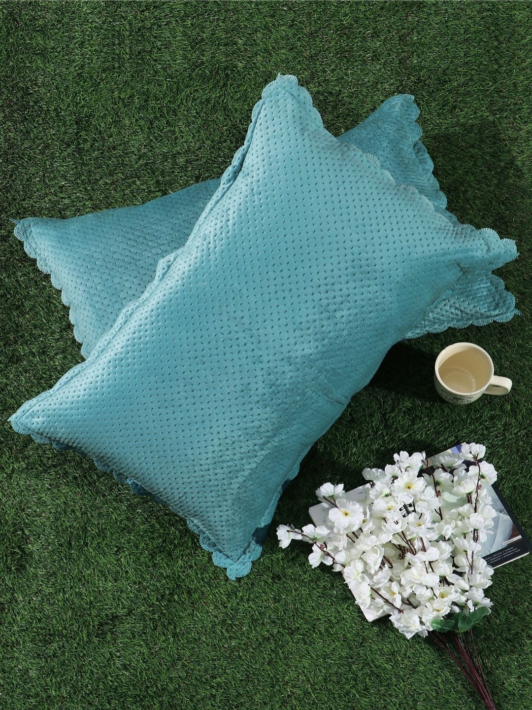 

HOSTA HOMES Turquoise Blue & White 2 Pieces Self Design Velvet Rectangle Pillow Covers