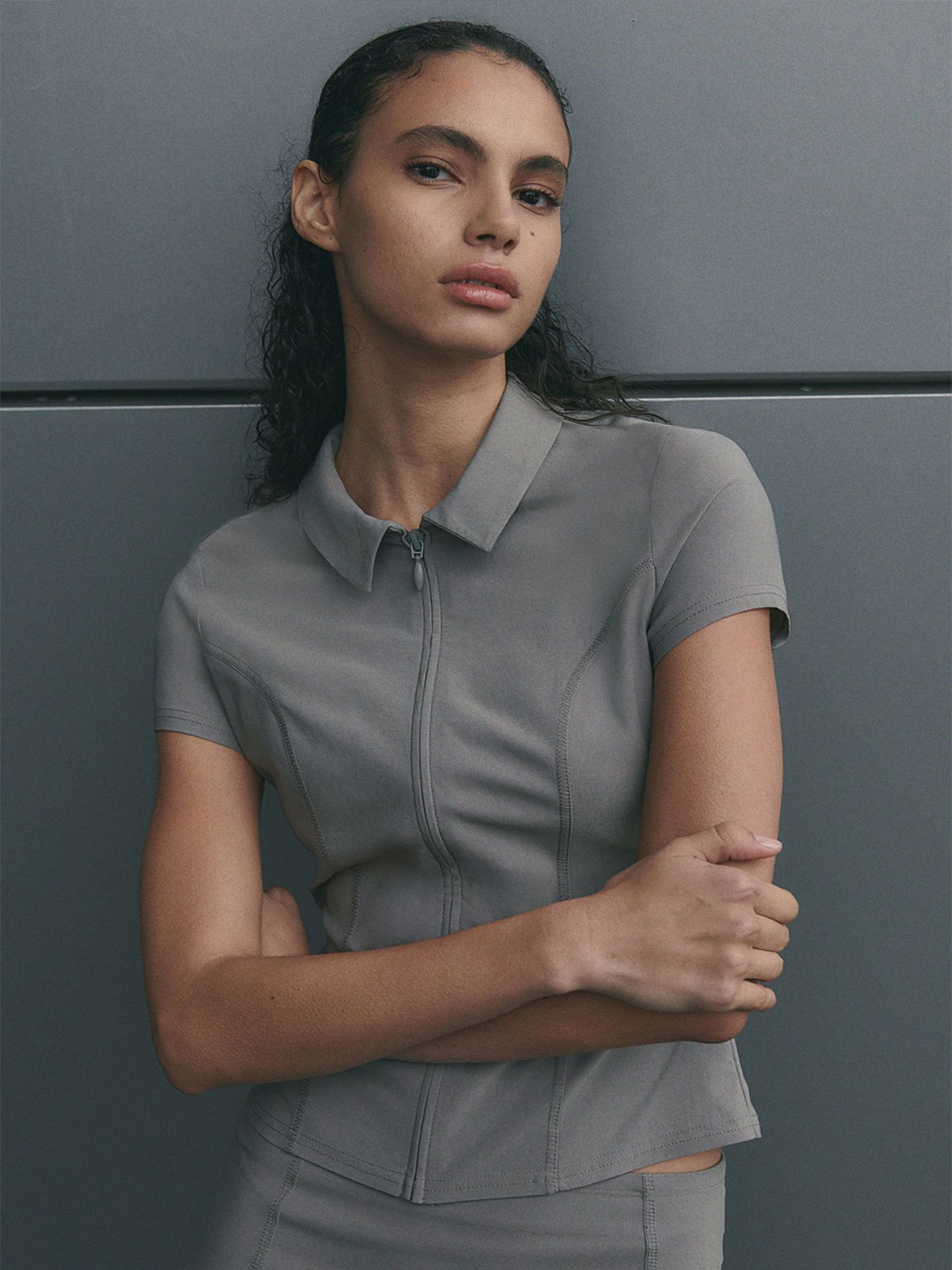

H&M Collared Zip-Through Top, Grey