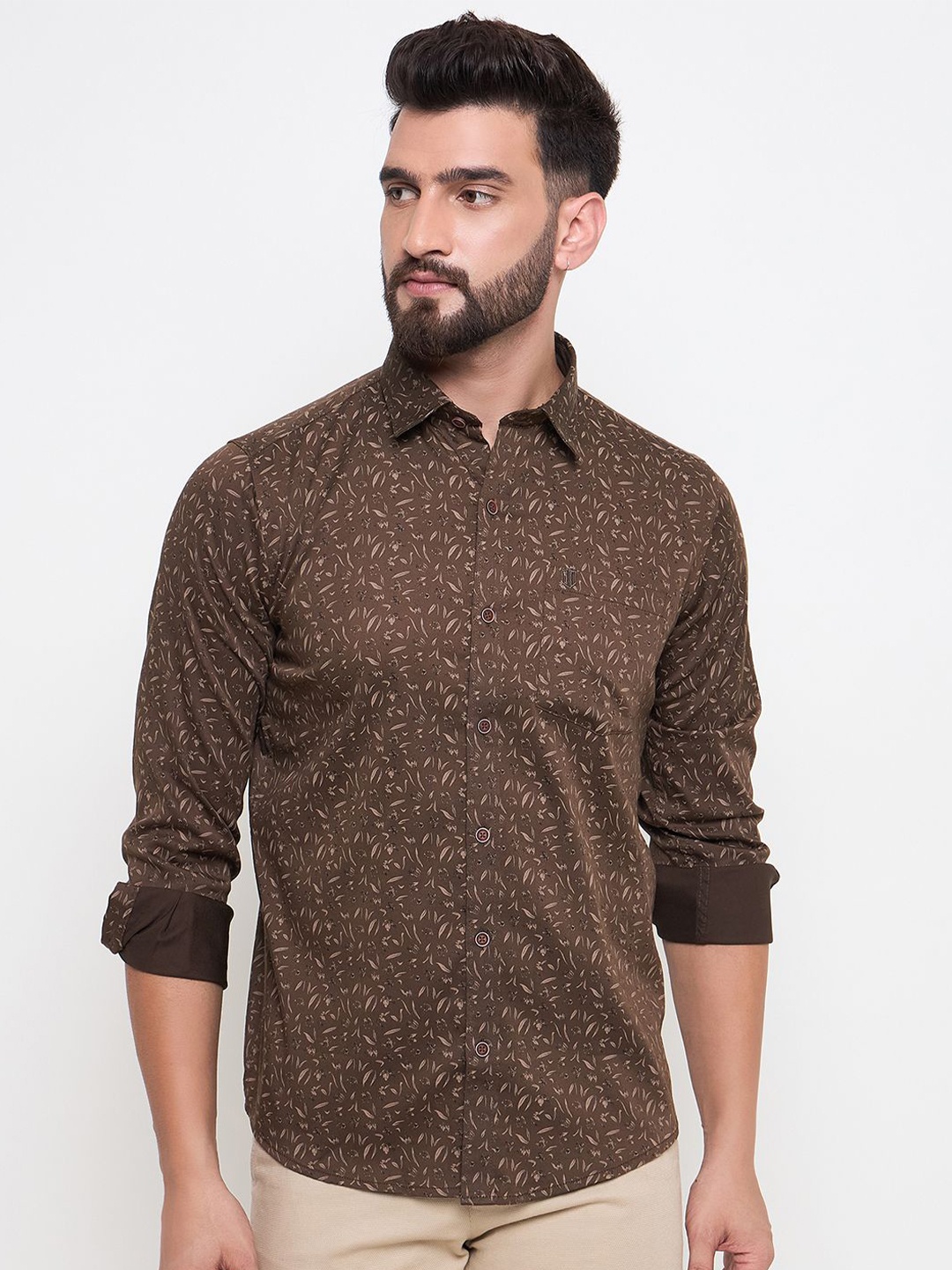 

Duke Men Slim Fit Floral Opaque Printed Casual Shirt, Brown