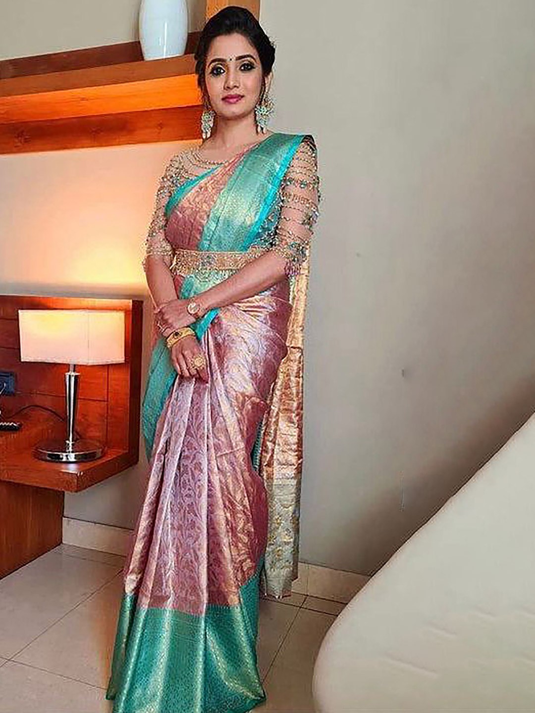 

Anjaneya Sarees Floral Woven Design Zari Banarasi Saree, Peach