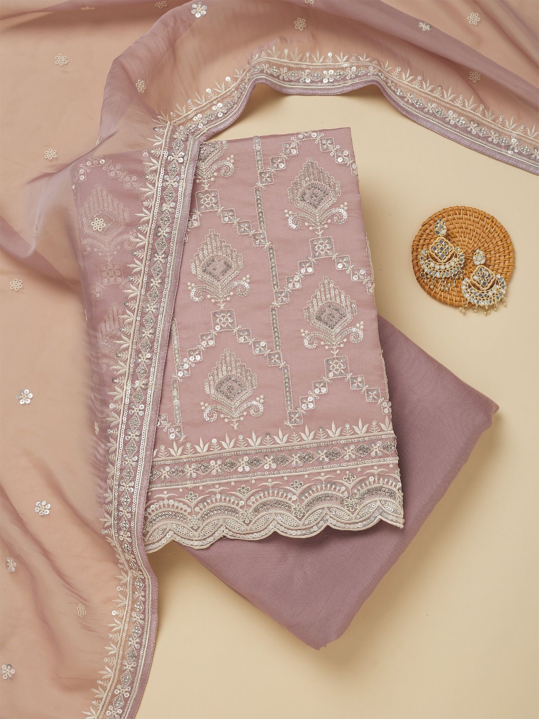 

Koskii Ethnic Motifs Embroidered Sequinned & Zari Work Tissue Unstitched Dress Material, Purple