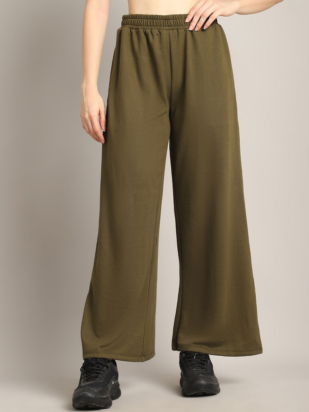 

Rute Women Cotton Loose Fit Pleated Bootcut Trousers, Olive