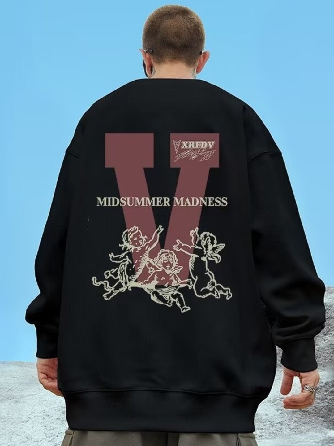 

KPOP Men Cotton Typography Printed Round Neck Long Sleeves Oversized Pullover Sweatshirt, Black