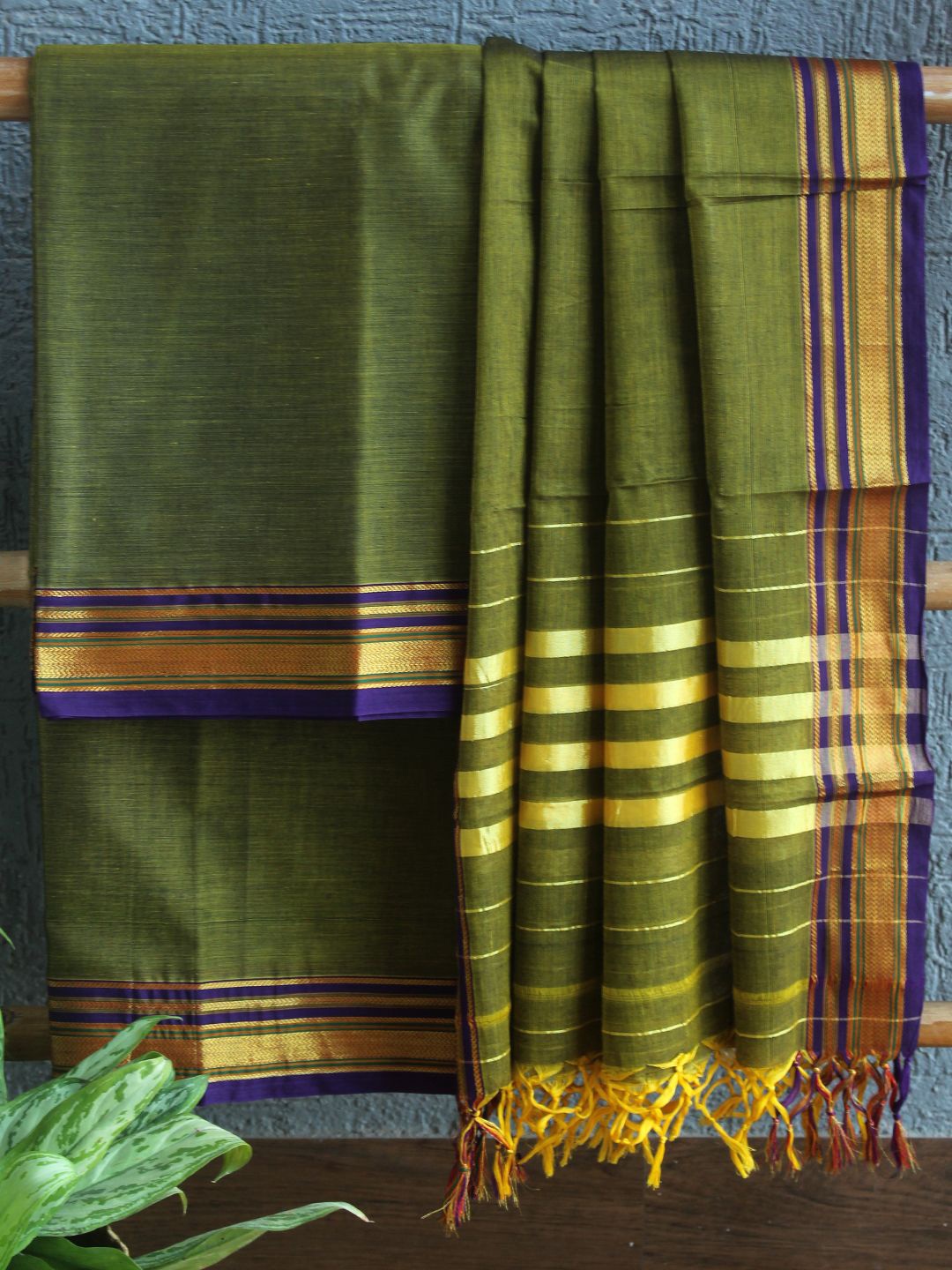 

Weaves of Tradition Striped Woven Design Zari Pure Cotton Unstitched Dress Material, Green