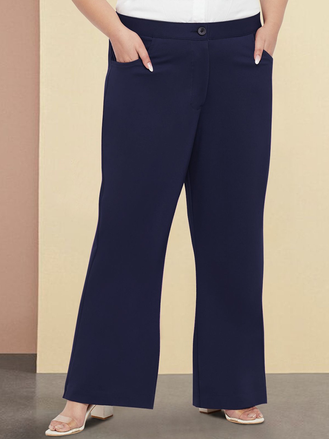 

wild U Women Plus Size Smart Straight Fit High-Rise Formal Trousers, Blue