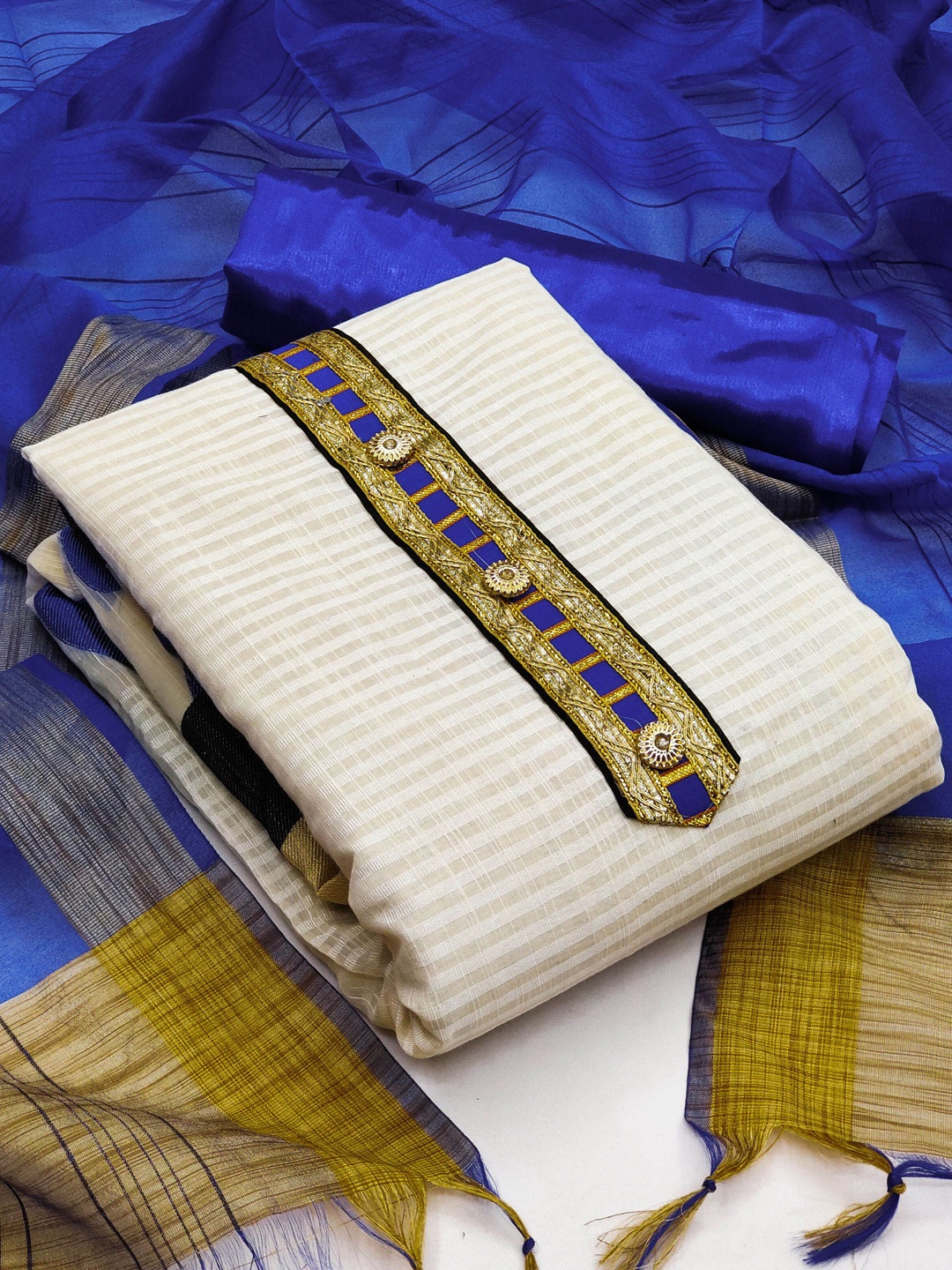 

Maroosh Striped Woven Design Banarasi Jacquard Unstitched Dress Material, White
