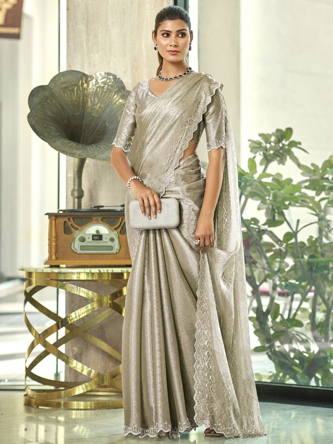 

Stylee LIFESTYLE Embellished Beads and Stones Saree, Silver