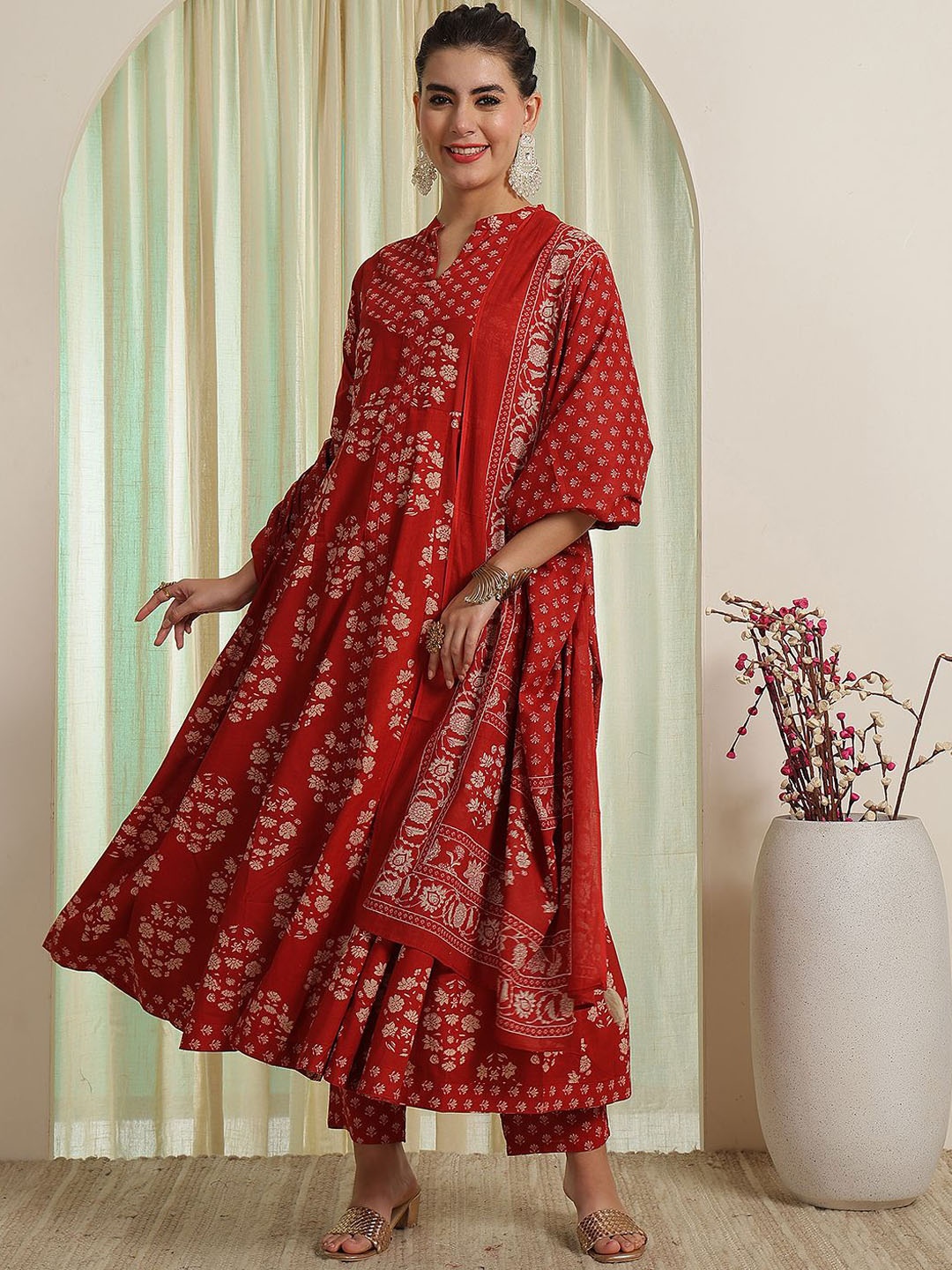 

NISHABD Floral Printed Regular Pure Cotton Anarkali Kurta With Trouser With Dupatta, Rust