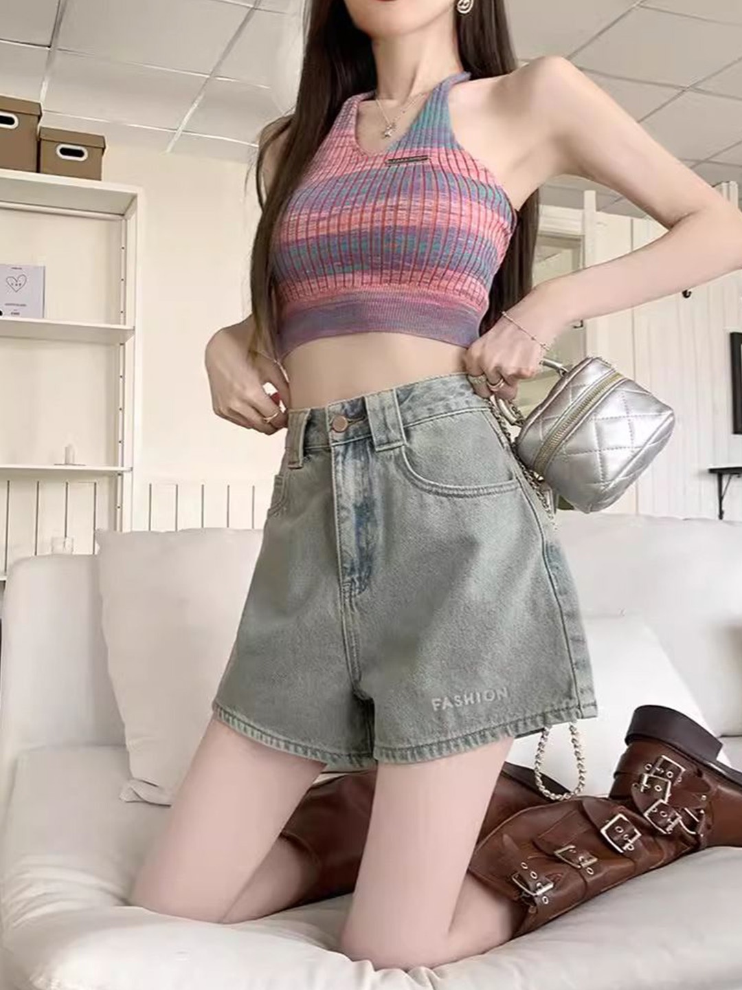 

StyleCast Women Loose Fit High-Rise Cotton Denim Shorts, Grey