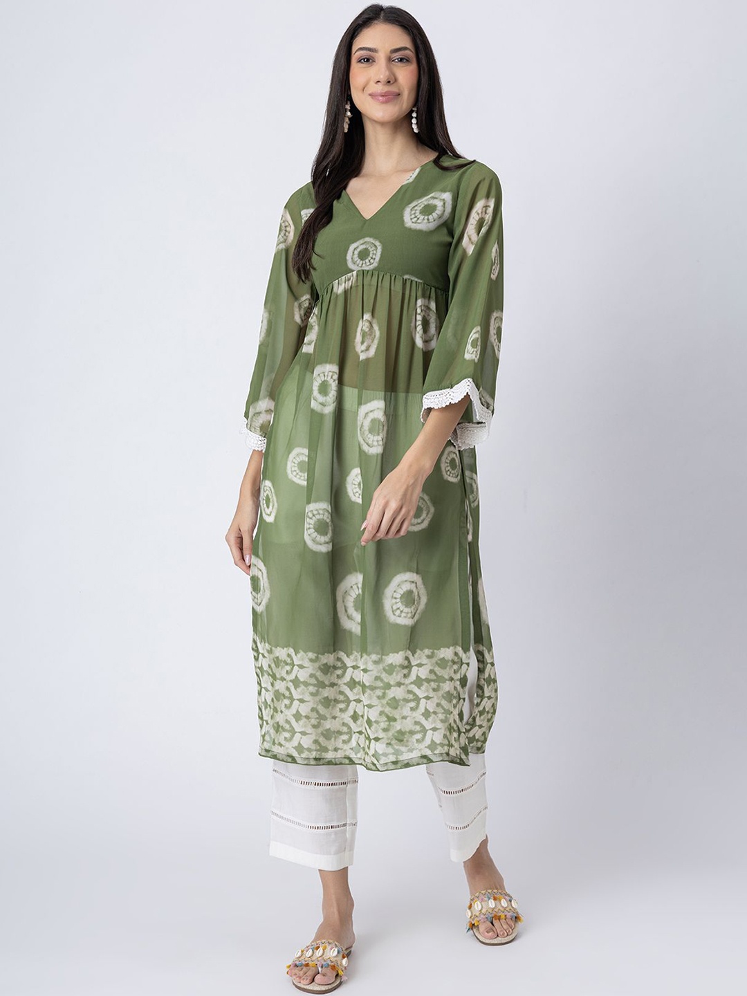 

Moomaya V-Neck Geometric Tie- Dye Empire A-Line Kurta with Trousers, Green