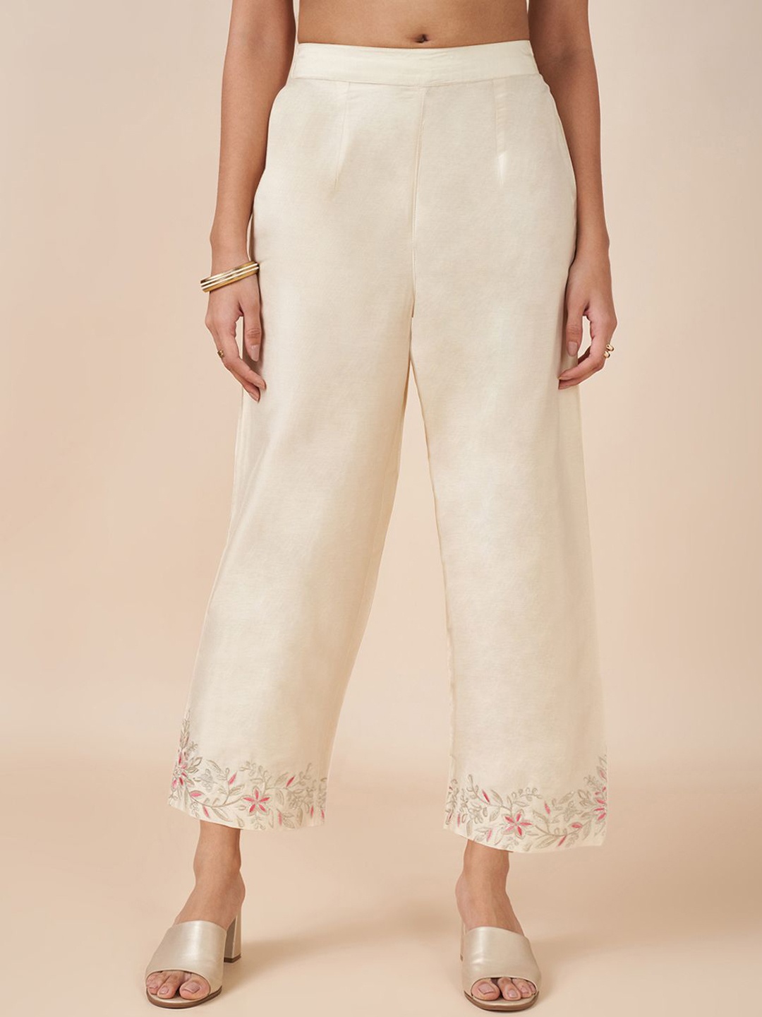 

RANGMANCH BY PANTALOONS Women Floral Embroidered Hem Straight Fit Culottes Trousers, White