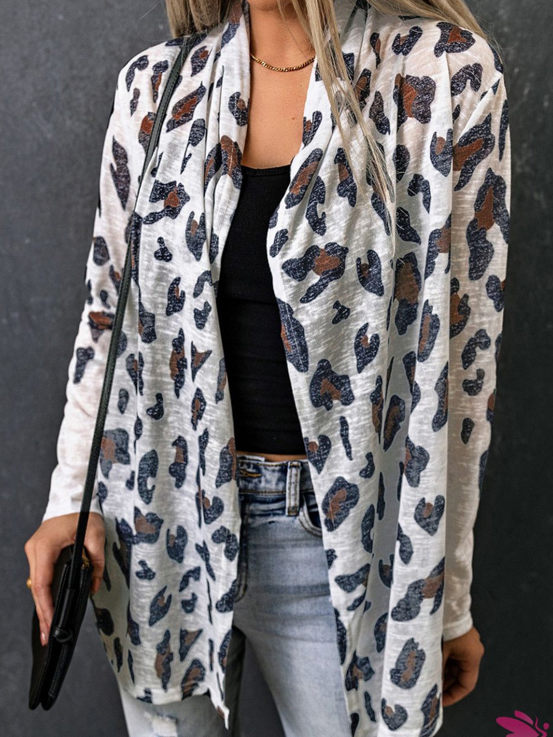 

HERE&NOW Women Animal Printed Shawl Collar Longline Cardigan, Grey