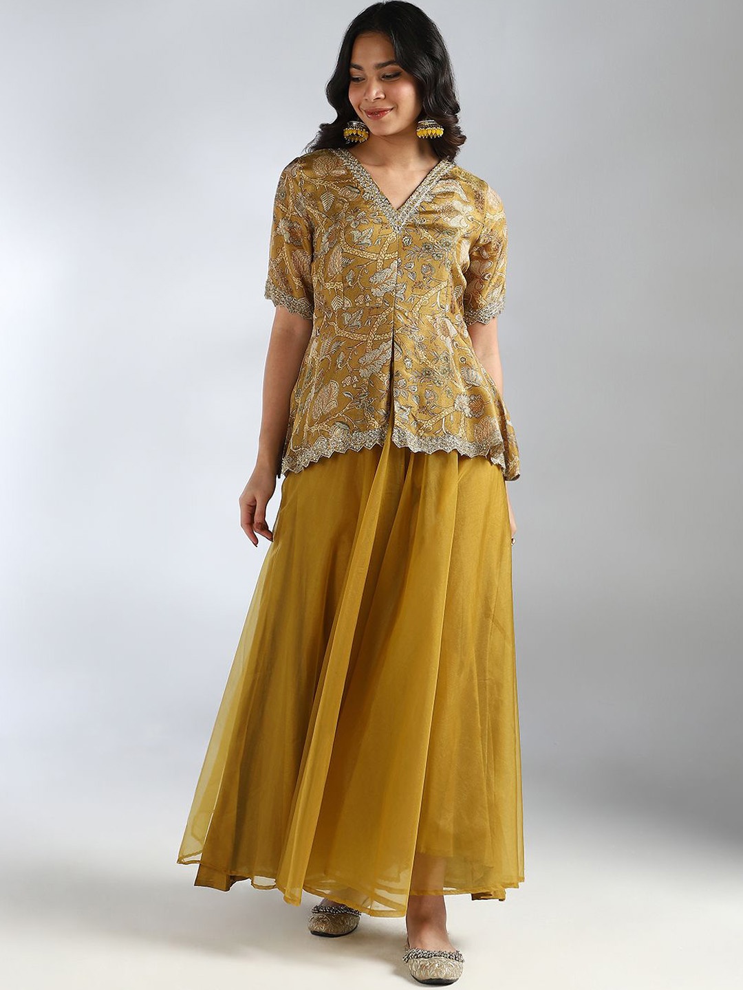 

House Of Dharaa Women Floral Printed Regular Sequinned Kurti with Palazzos, Mustard