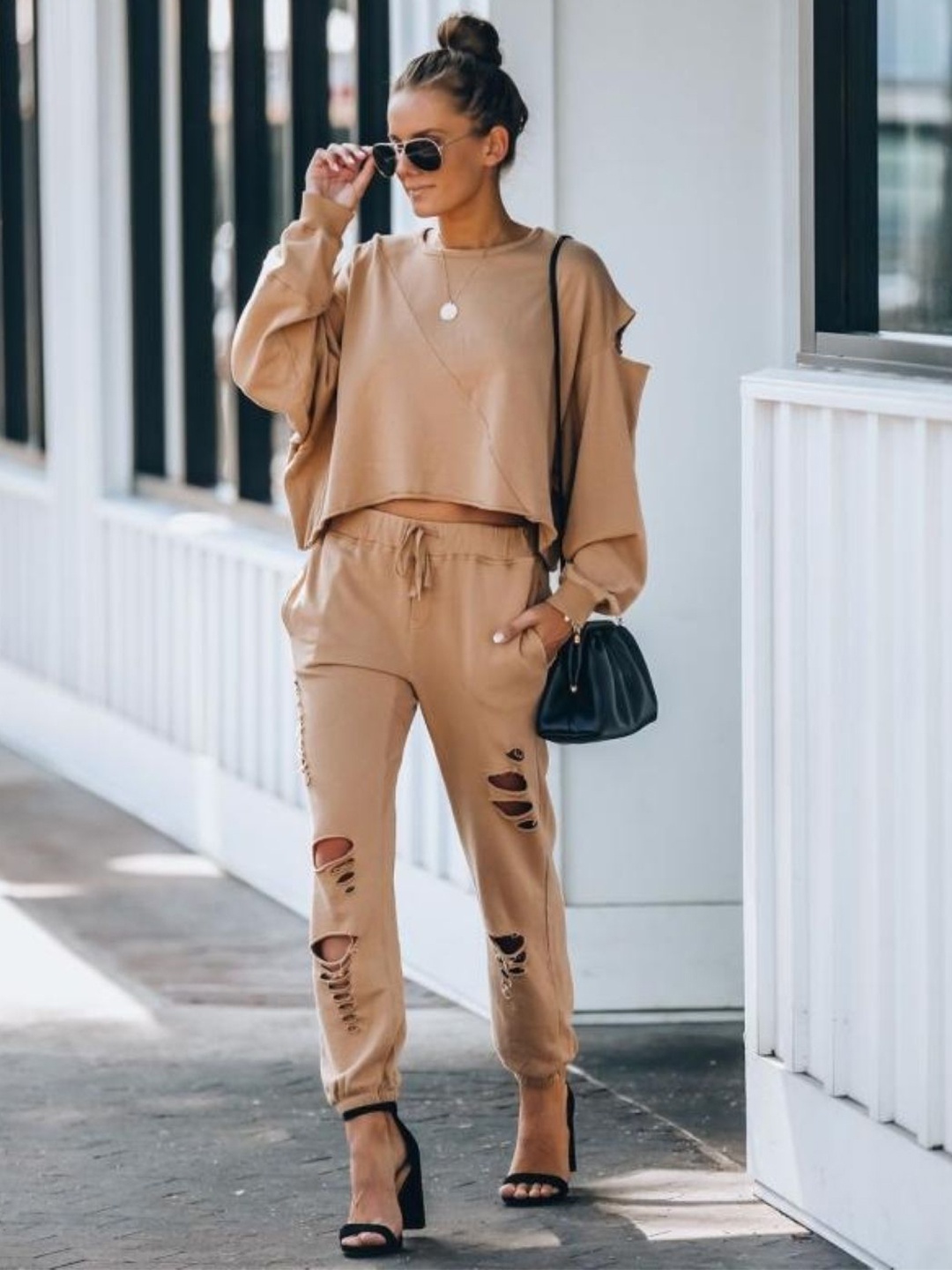 

HERE&NOW Round Neck Top With Joggers, Brown