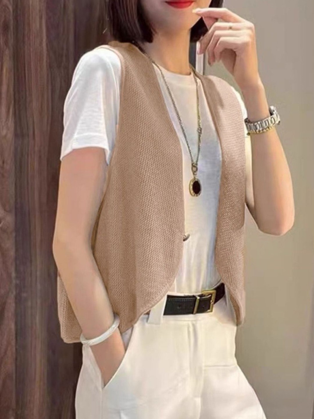 

KPOP Women V-Neck Sleeveless Front-Open Sweater, Brown