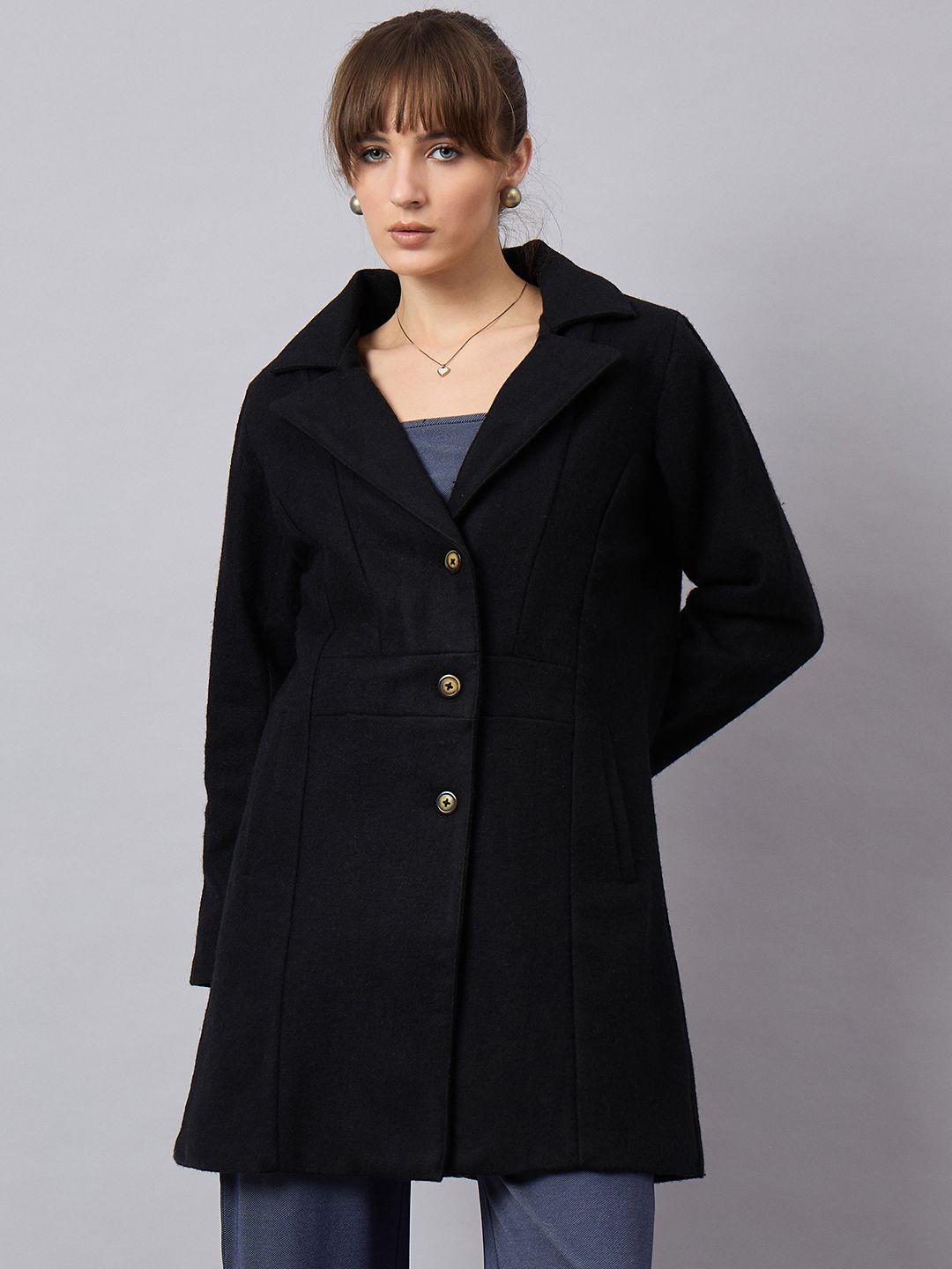 

Orchid Blues Notched Lapel Long Sleeves Knee Length Woollen Coat, Black