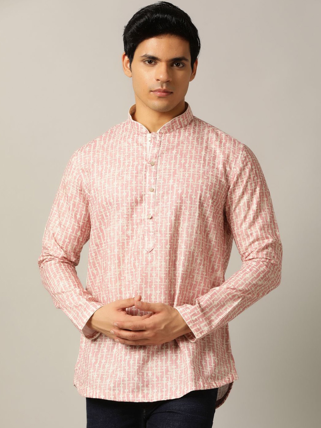 

THE KURTA COMPANY Geometric Printed Mandarin Collar Straight Short Kurta, Pink