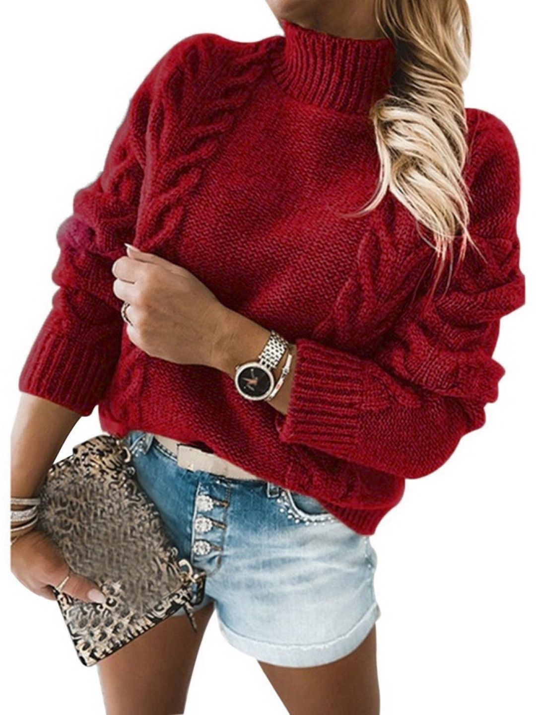

StyleCast Women Turtle Neck Self Design Cable Knit Long Sleeves Pullover, Red