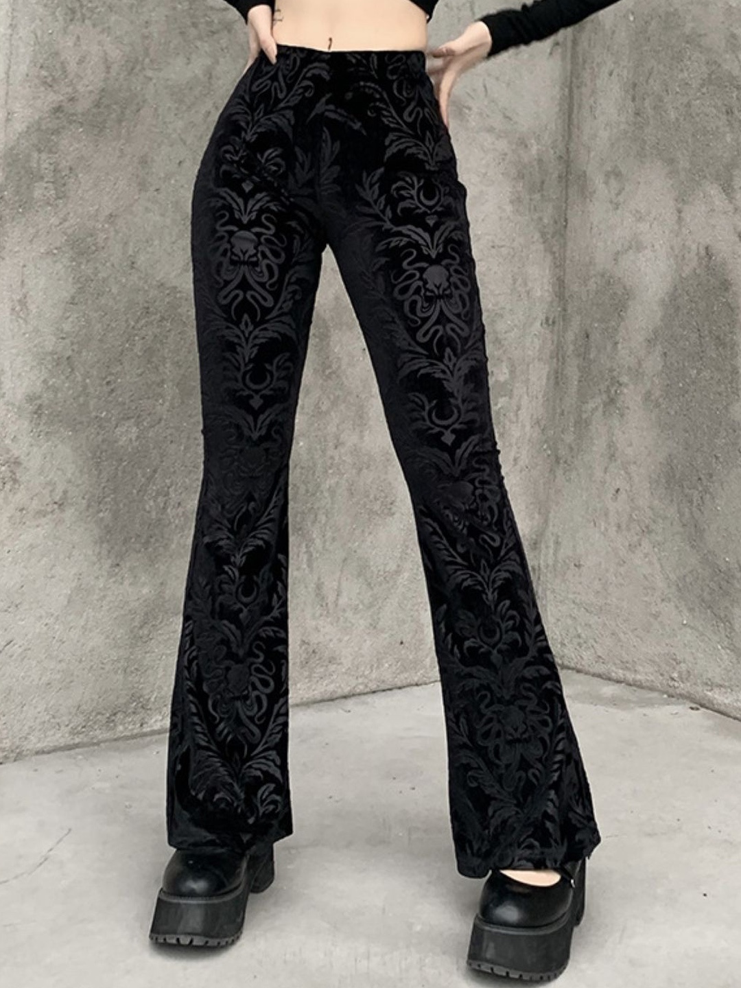 

KPOP Women Floral Printed Custom Skinny Fit Bootcut Trousers, Black