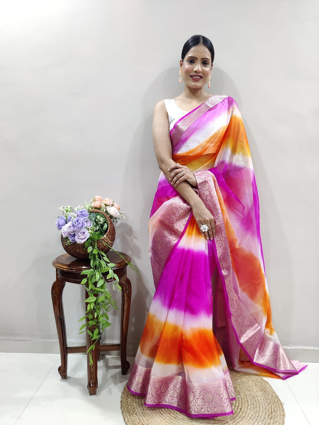 

V3 FASHION STUDIO Tie and Dye Zari Organza Leheriya Holi Saree, Pink