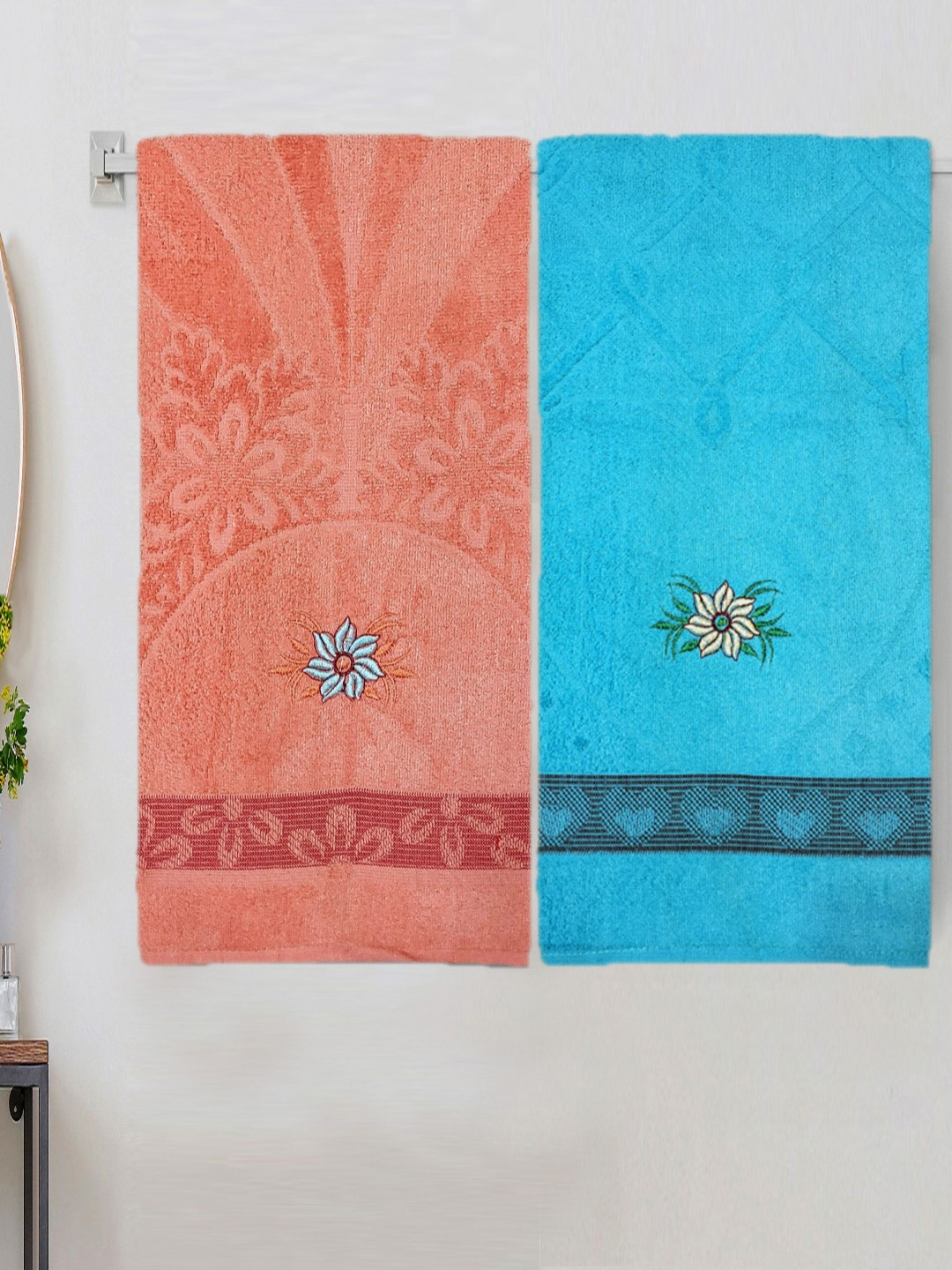 

ANA Turquoise Blue & Orange Colored 2 Pieces Floral Printed Cotton 400 GSM Bath Towel