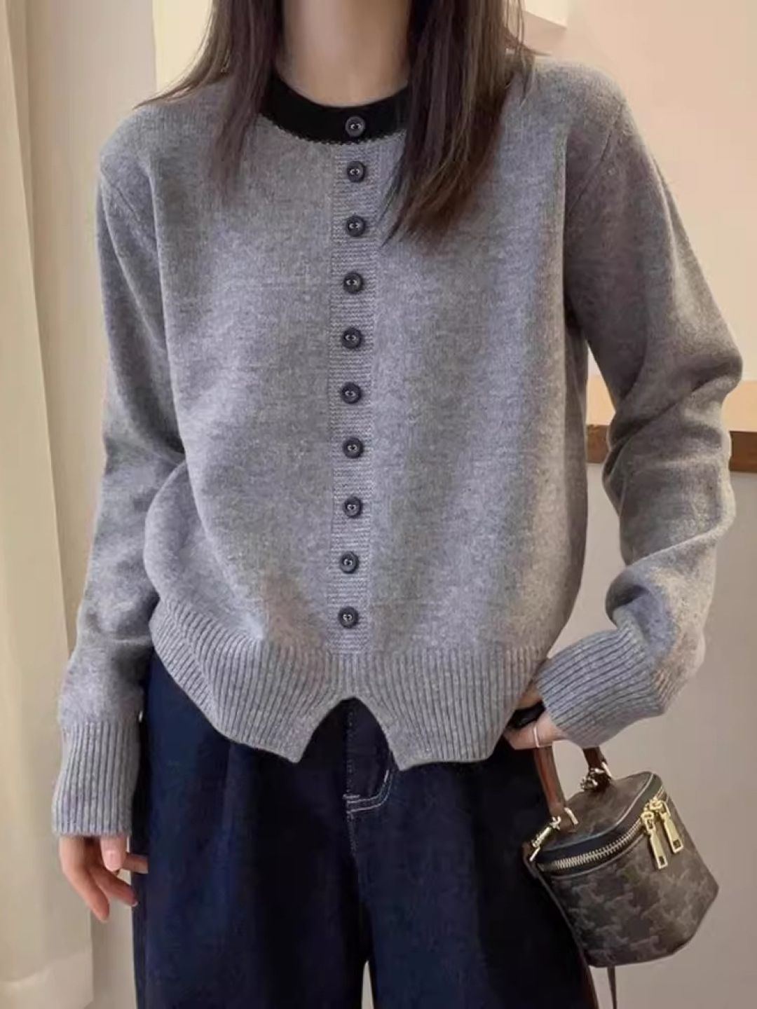 

KPOP Women Cotton Round Neck Long Sleeves Pullover Sweaters, Grey