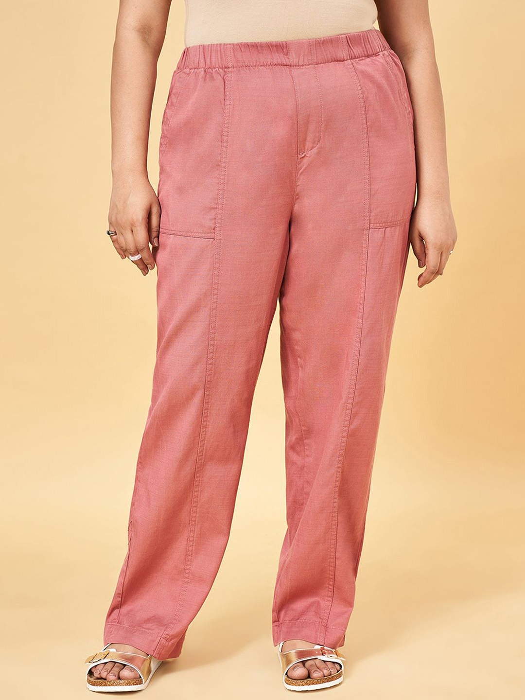 

Honey Curvytude by Pantaloons Women Plus Size Tapered Fit High-Rise Trousers, Pink