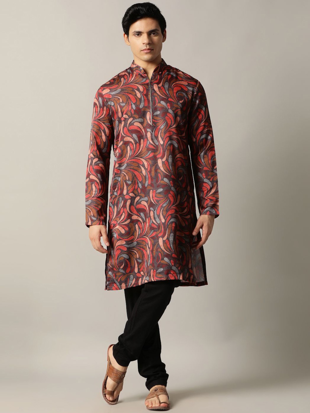 

THE KURTA COMPANY Mandarin Collar Ethnic Motifs Printed Straight Kurta, Grey