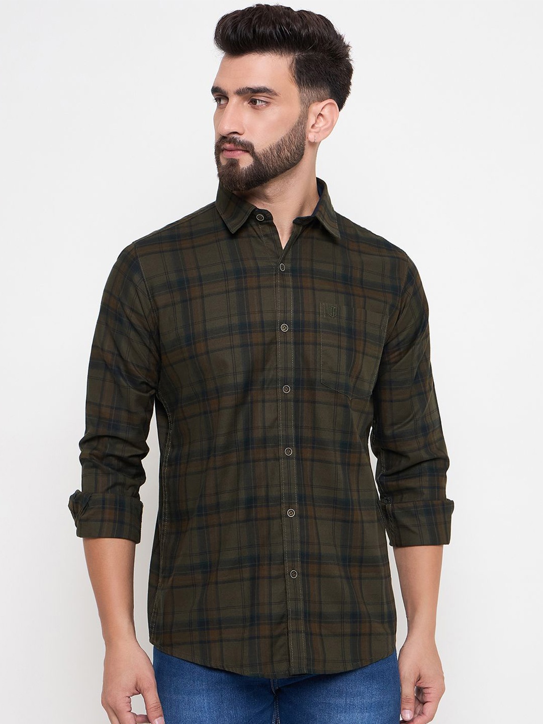

Duke Men Slim Fit Opaque Checked Casual Shirt, Green