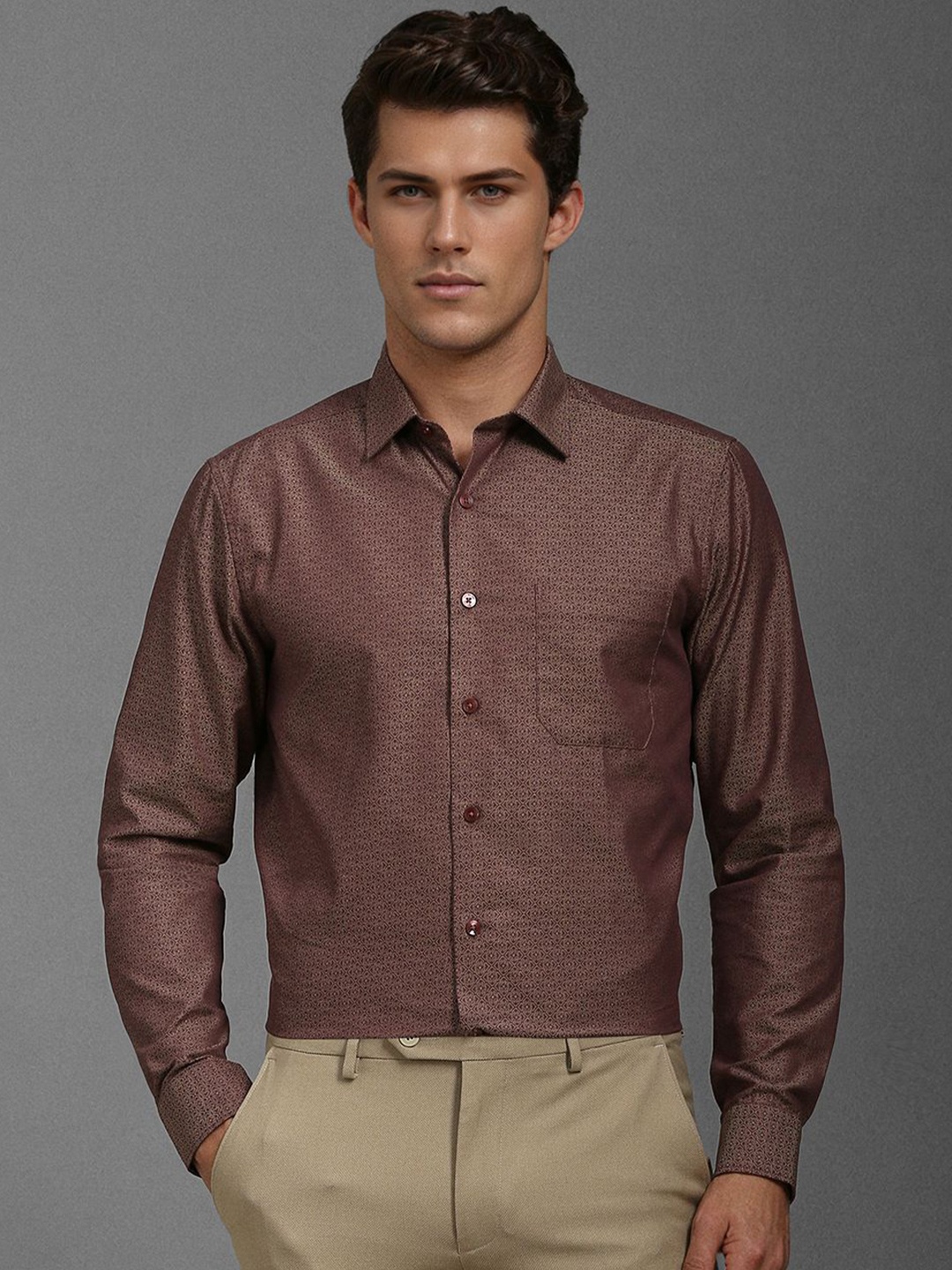 

Louis Philippe Men Slim Fit Opaque Printed Formal Shirt, Brown