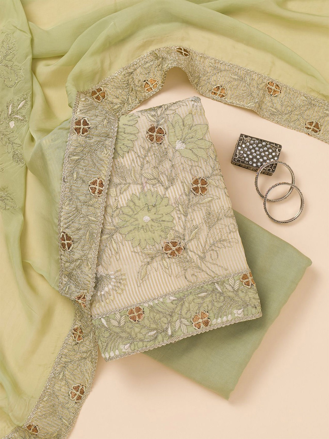 

Koskii Floral Embroidered Zari Unstitched Dress Material, Green