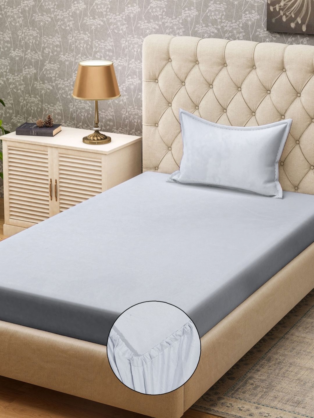 

Aura Grey Solid Fitted 300TC Single Bedsheet With Pillow Cover