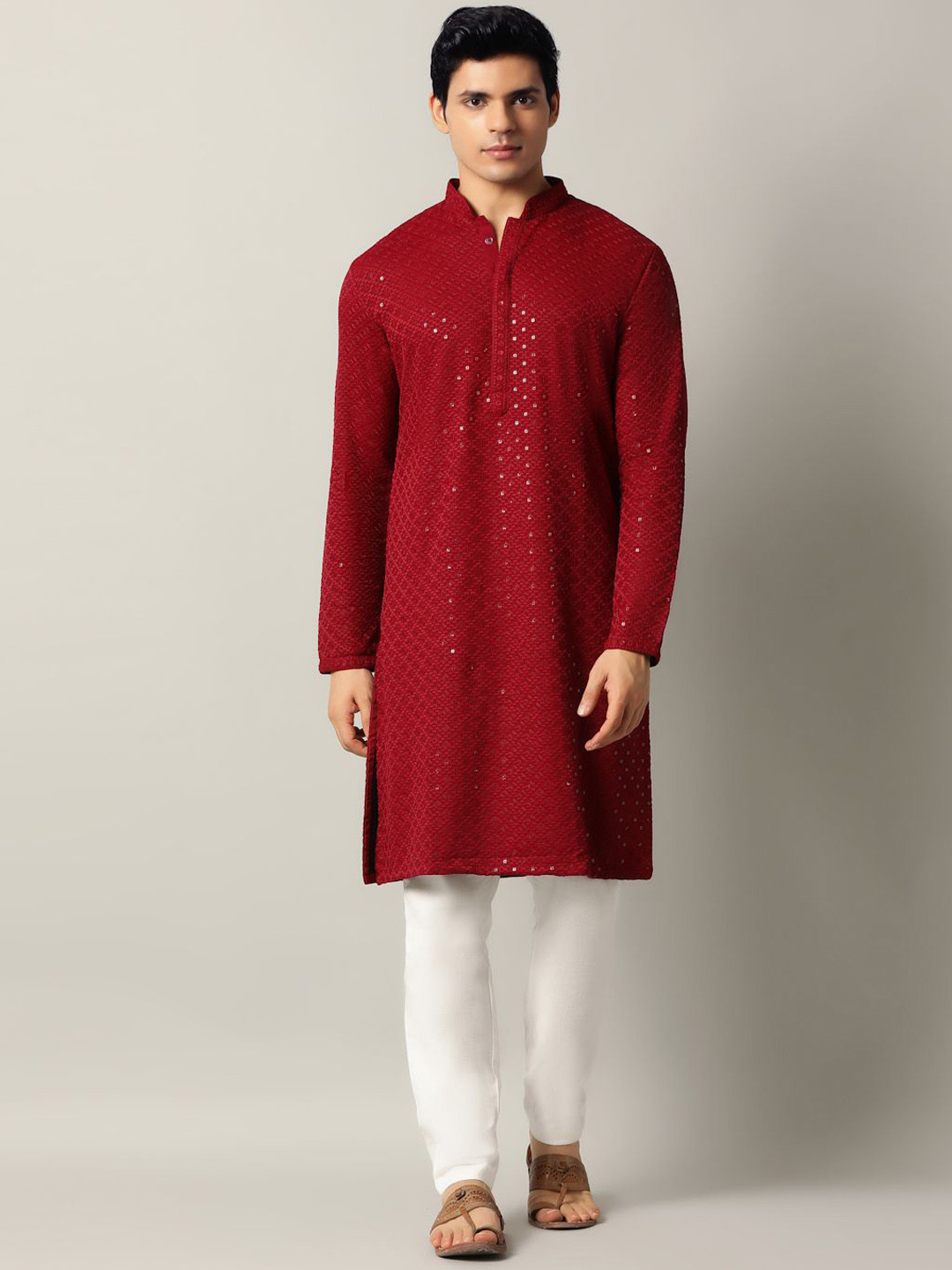 

THE KURTA COMPANY Geometric Embroidered Sequins Mandarin Collar Regular Straight Kurta, Maroon