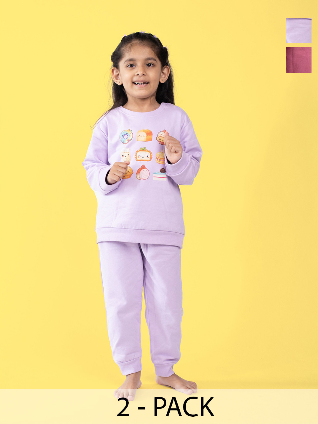

Orange Sugar Unisex Kids Pack of 2 Printed Pure Cotton T-Shirt with Pyjamas, Lavender
