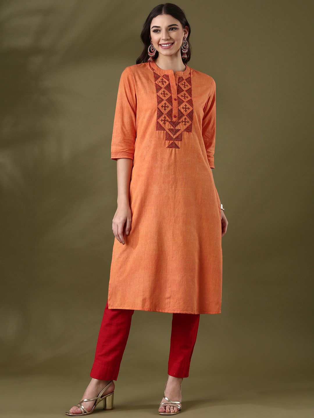 

Anouk Orange Ethnic Motifs Embroidered Mandarin Collar Pure Cotton Straight Kurta