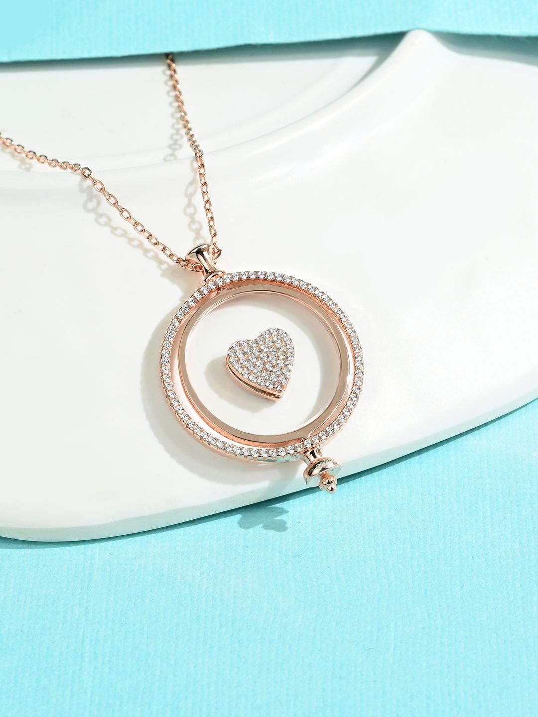 

TOUCH925 Silver Cubic Zirconia Moving Heart Minimal Chain, Rose gold