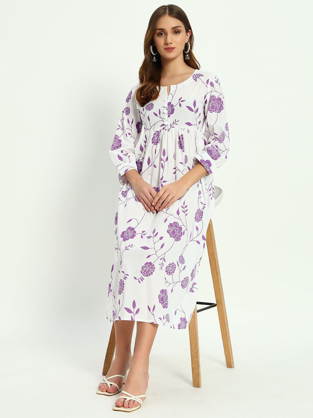 

ASHRU Floral Printed Fit & Flare Ethnic Midi Dress, Purple