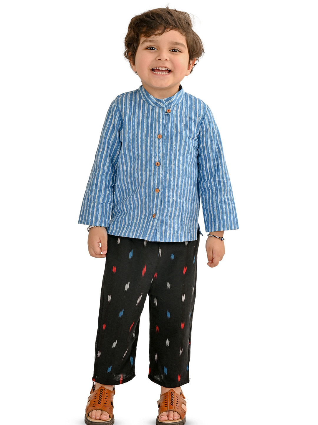 

Tiny Bunnies Boys Striped Mandarin Collar Pure Cotton Shirt With Trousers, Blue