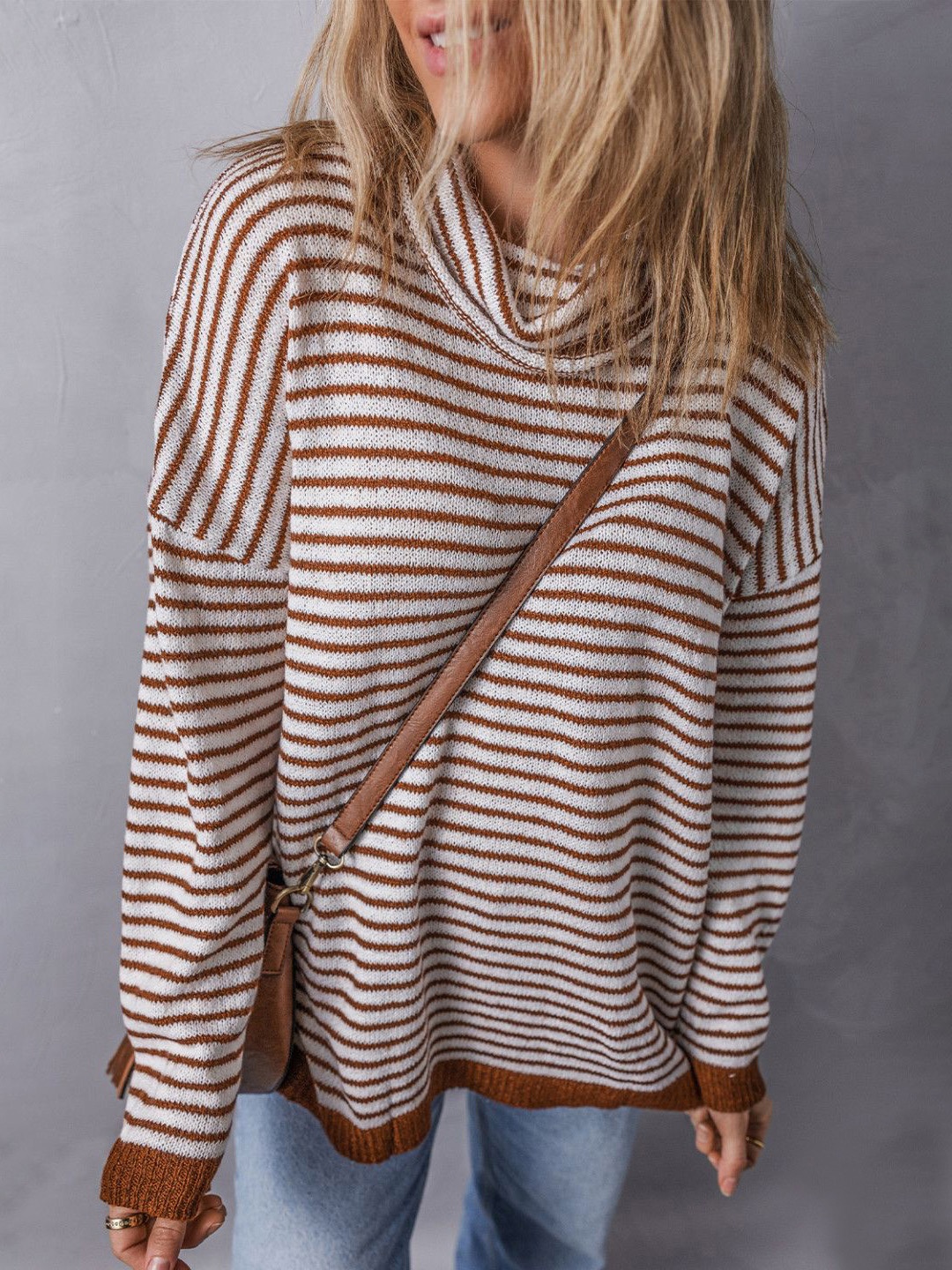 

HERE&NOW Women Striped Long Sleeves Pullover Sweater, Brown