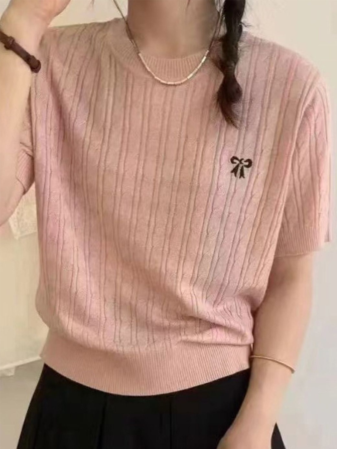 

KPOP Women Striped Cotton Pullover, Pink