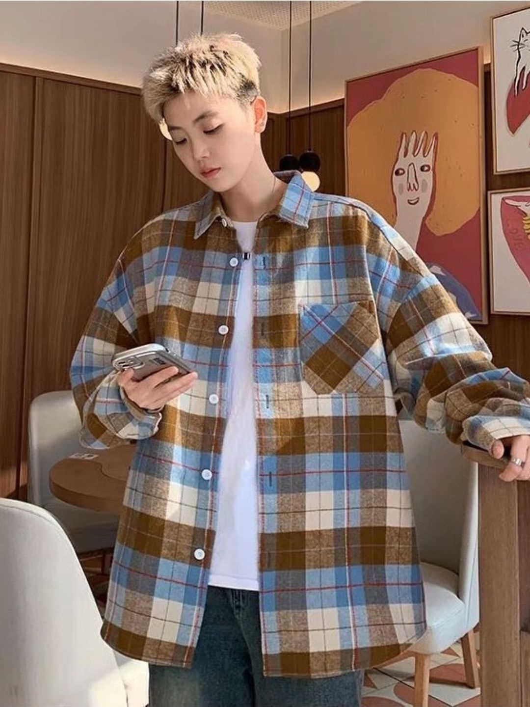 

KPOP Men Comfort Tartan Checks Opaque Checked Casual Shirt, Brown