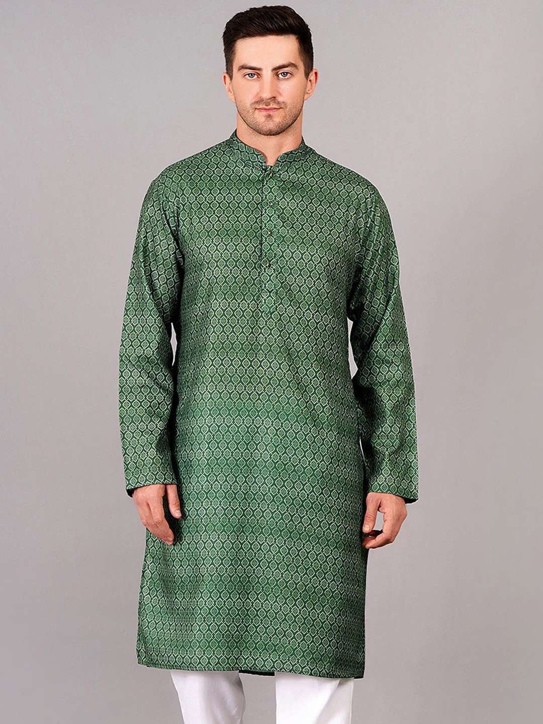 

SG LEMAN Geometric Printed Mandarin Collar Pure Cotton Straight Kurtas, Green