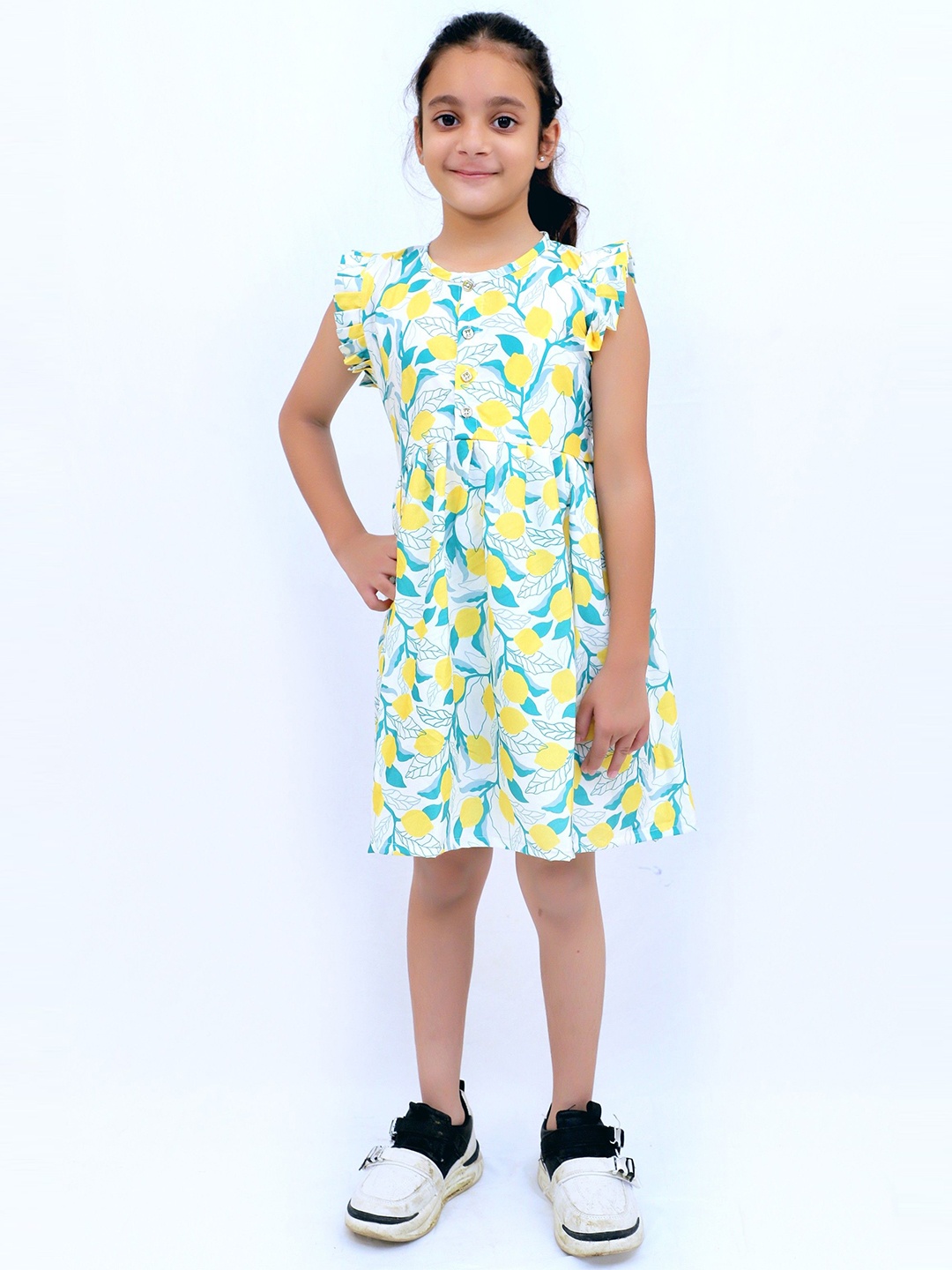 

TILISM Girls Print Flutter Sleeve A-Line Cotton Dress, Yellow
