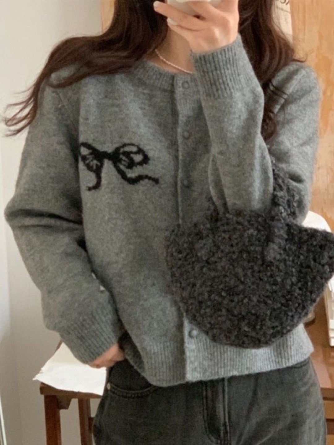 

KPOP Women Round Neck Long Sleeves Cardigan Sweater, Grey